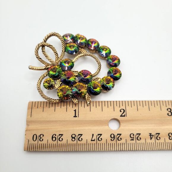 Vintage Unsigned Watermelon Heliotrope Rivoli Brooch 2" Gold Tone Rope Bow - Picture 7 of 8
